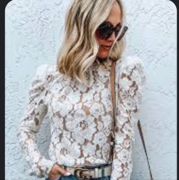 Wayf Tops - Wayf Lace Puffed Sleeve Coquette Girl Ruffled Neck Boho Sheer Lined Bodice Shirt